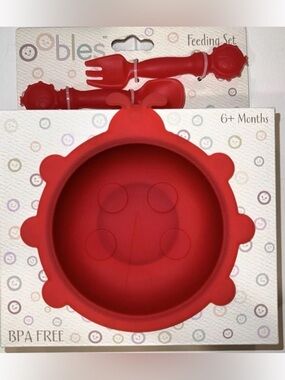 NWT Oobles Red Ladybug Silicone Baby Feeding Set Bowl Fork Spoon